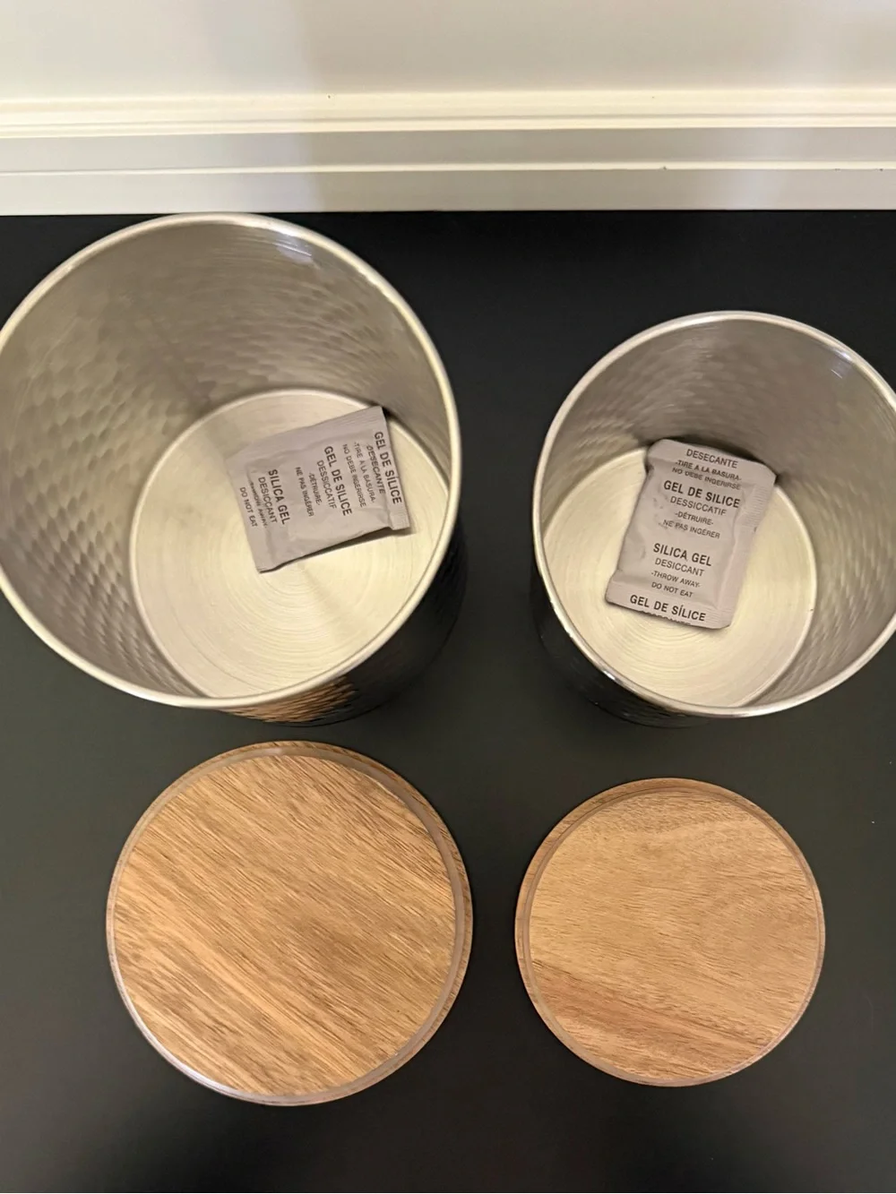 2 Piece Uncommon James Silver Hammered Canister Set w/Wood Lids 45oz & 25oz NEW